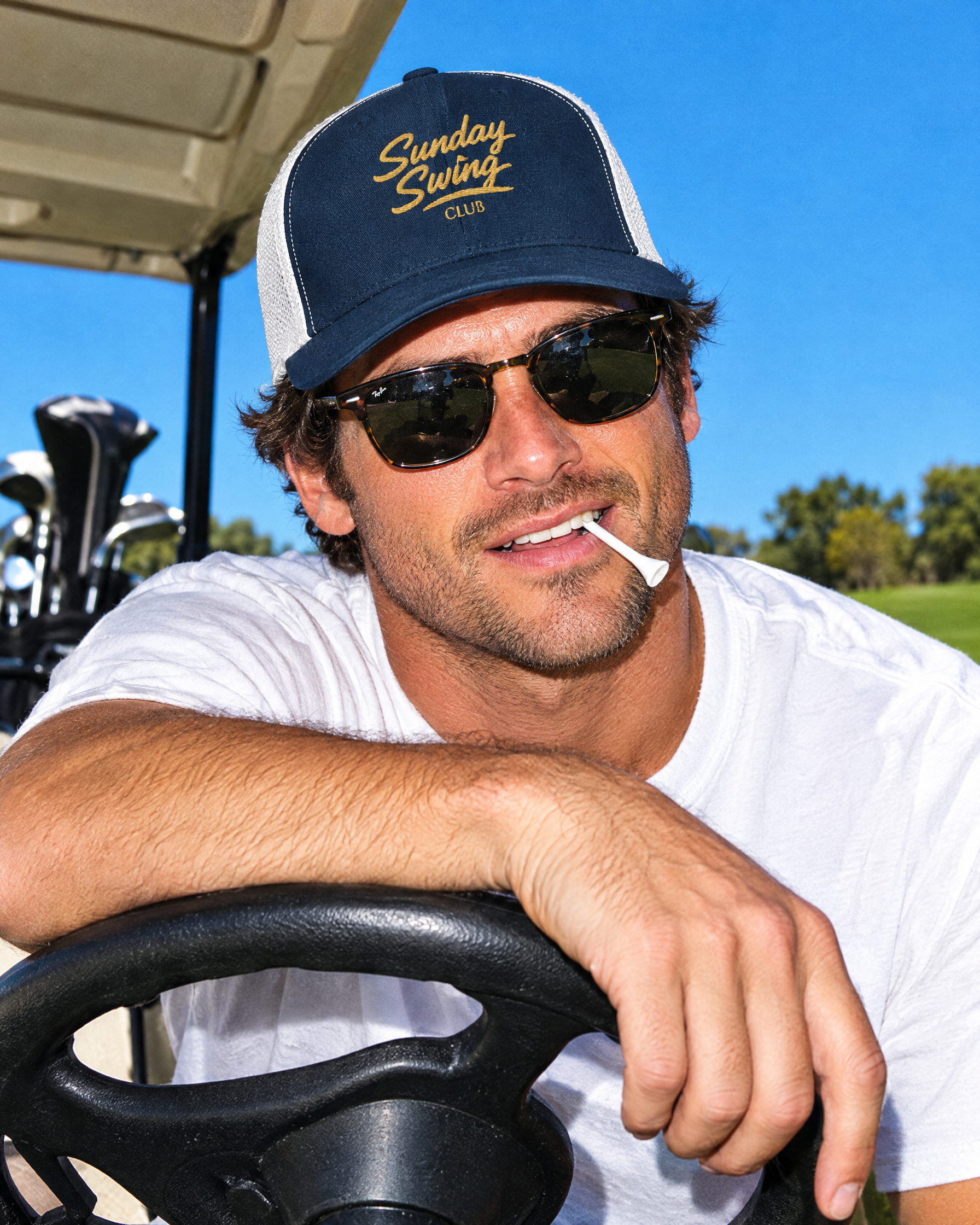 Signature Sunday Cap trucker hat in Navy/White on the course | Sunday Swing Club