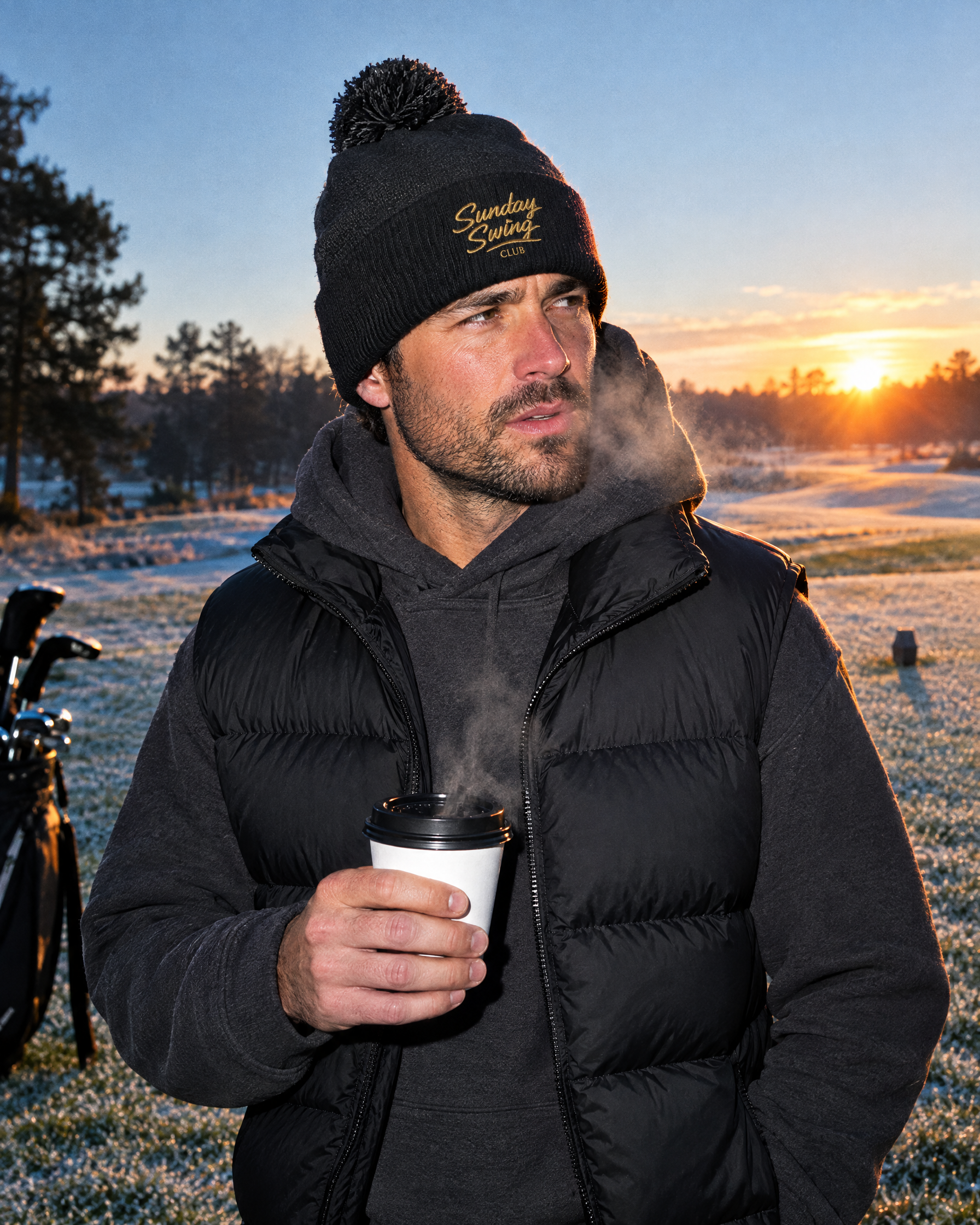 The Frost Tee Beanie on a frosty first tee at sunrise | Sunday Swing Club