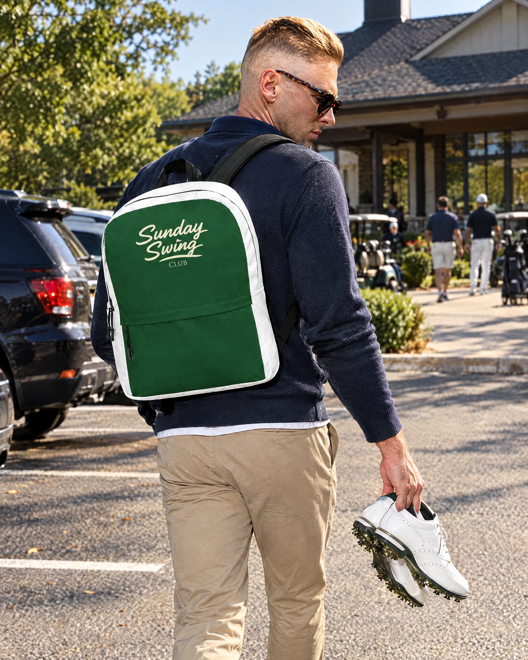 The Caddie Pack backpack walking to the clubhouse | Sunday Swing Club