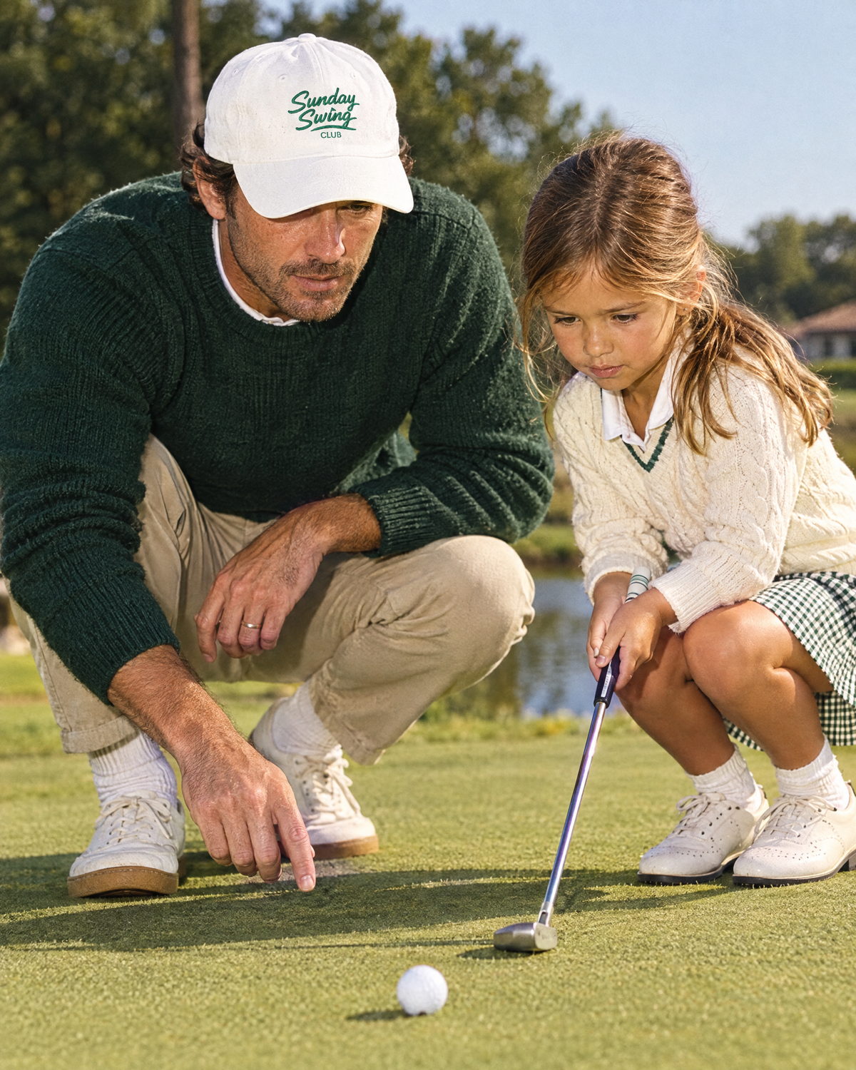 The Range Cap in White, dad teaching his daughter to putt | Sunday Swing Club