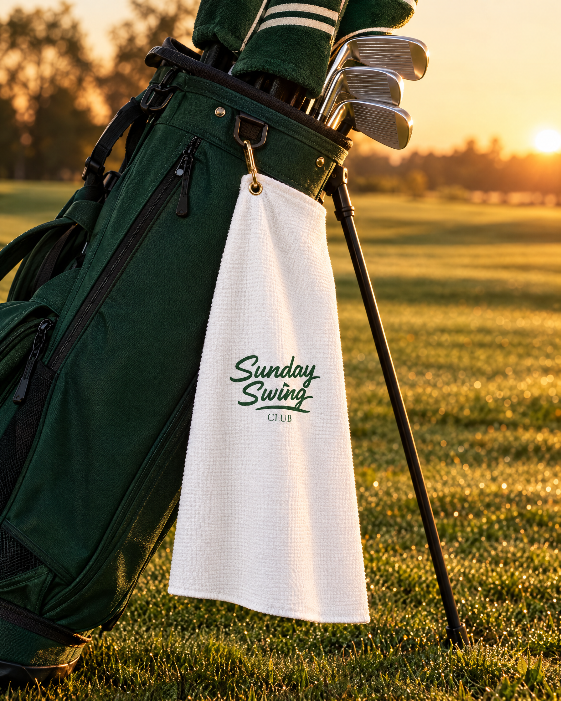 The Sunday Standard golf towel clipped to a golf bag on the fairway | Sunday Swing Club