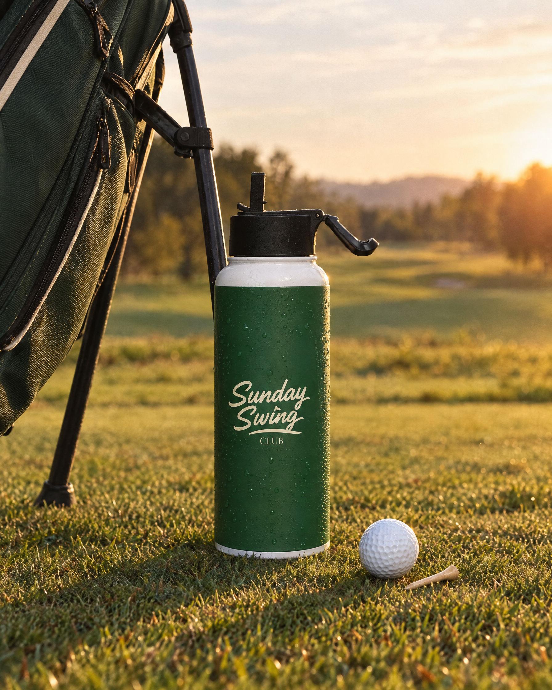 Sunday Swing 32oz water bottle on the tee box next to a golf bag | Sunday Swing Club