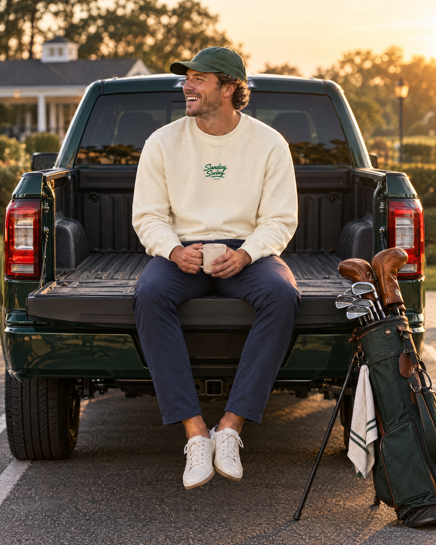 The Clubhouse Crew in Sandshell on a pickup tailgate at the course | Sunday Swing Club